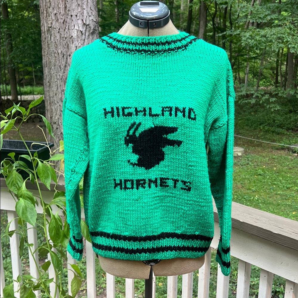 Vintage 90s Handmade Highland Hornets Green Knit Sweater – Retro Sports Team